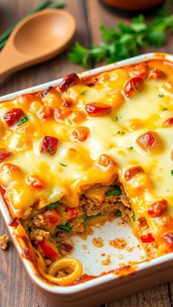 A hearty 8x8 casserole with cheese, vegetables, and meat, served in a square dish.